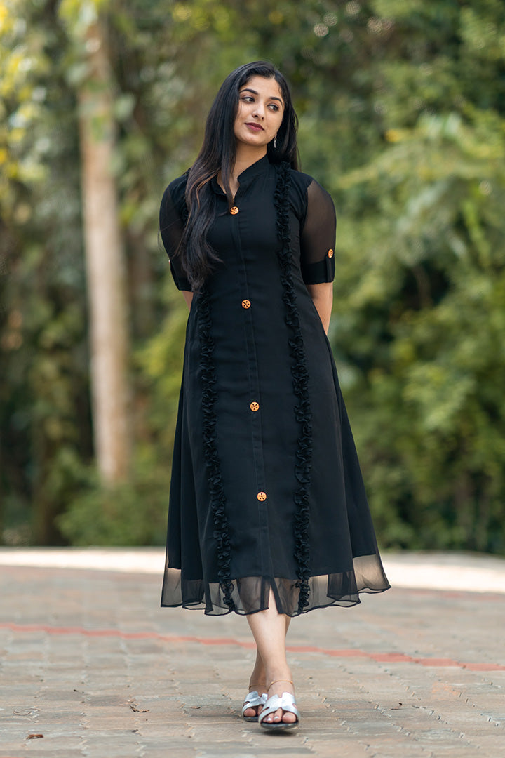 Black georgette Aline Kurti with designer yoke –