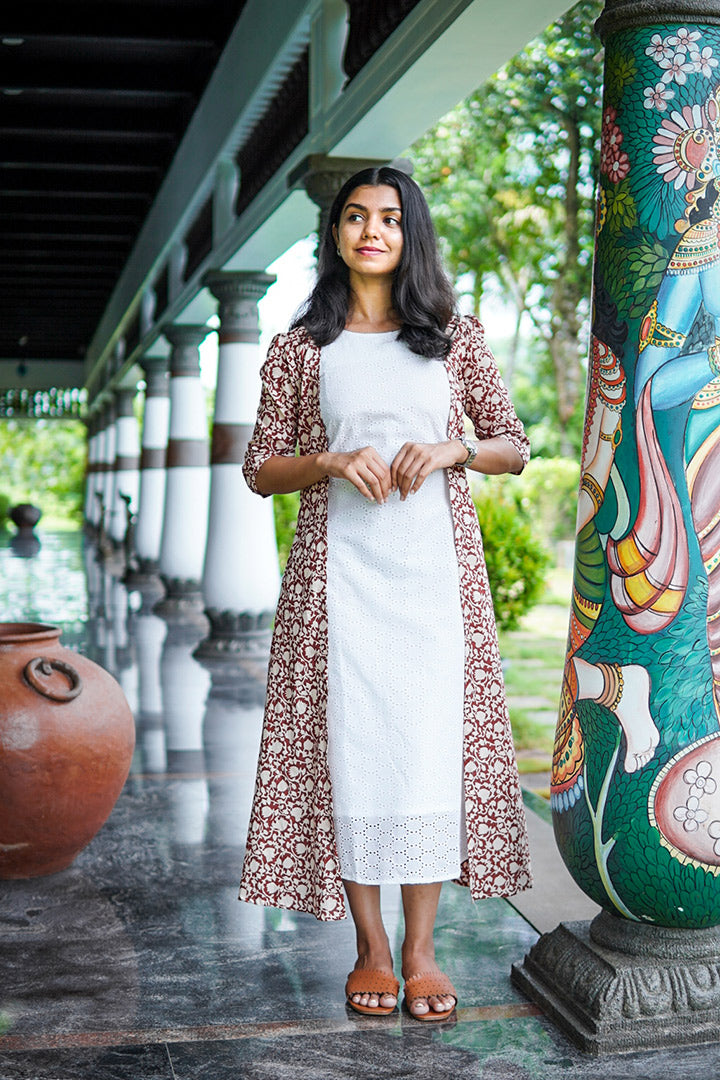Silakaari Women's Pure White Floral Lacy Hakoba Fancy Frock Kurta |  Silakaari |